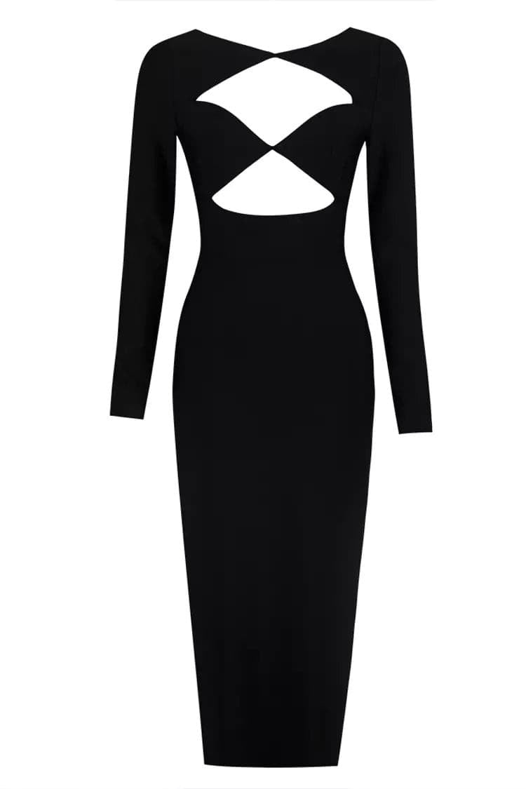 Kaeifa Black Sweetheart Cutout Long Sleeve Bodycon Midi Dress 