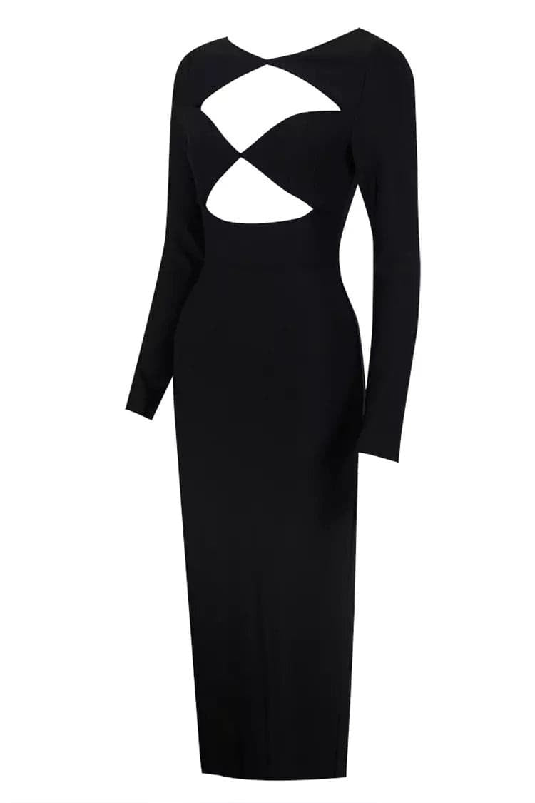 Kaeifa Black Sweetheart Cutout Long Sleeve Bodycon Midi Dress 