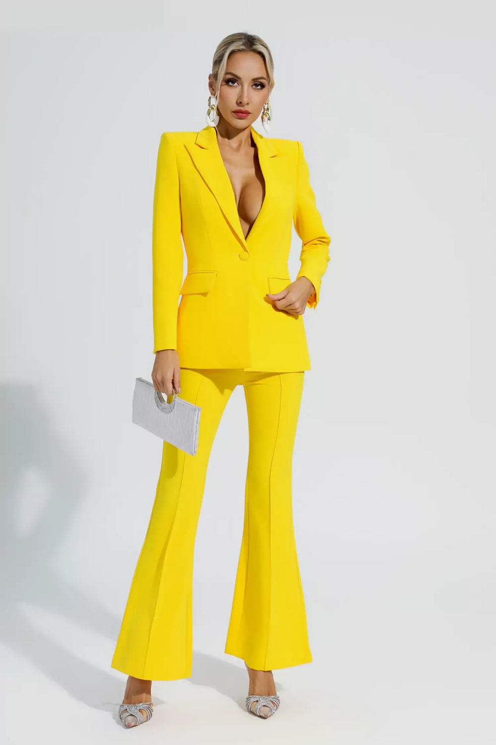 Kaeifa Canary Yellow Power Shoulder Blazer Flared Trouser Set 