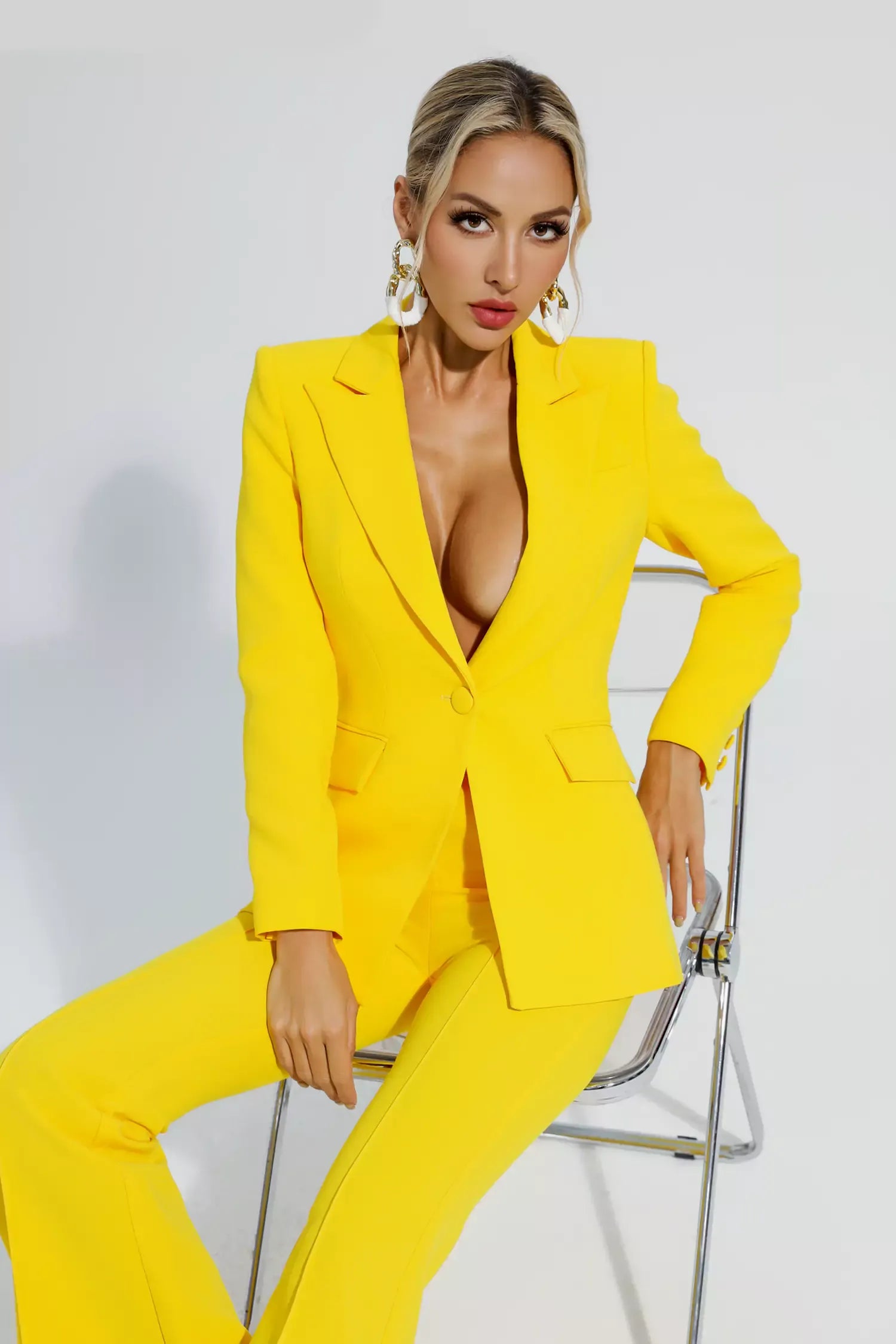 Kaeifa Canary Yellow Power Shoulder Blazer Flared Trouser Set 
