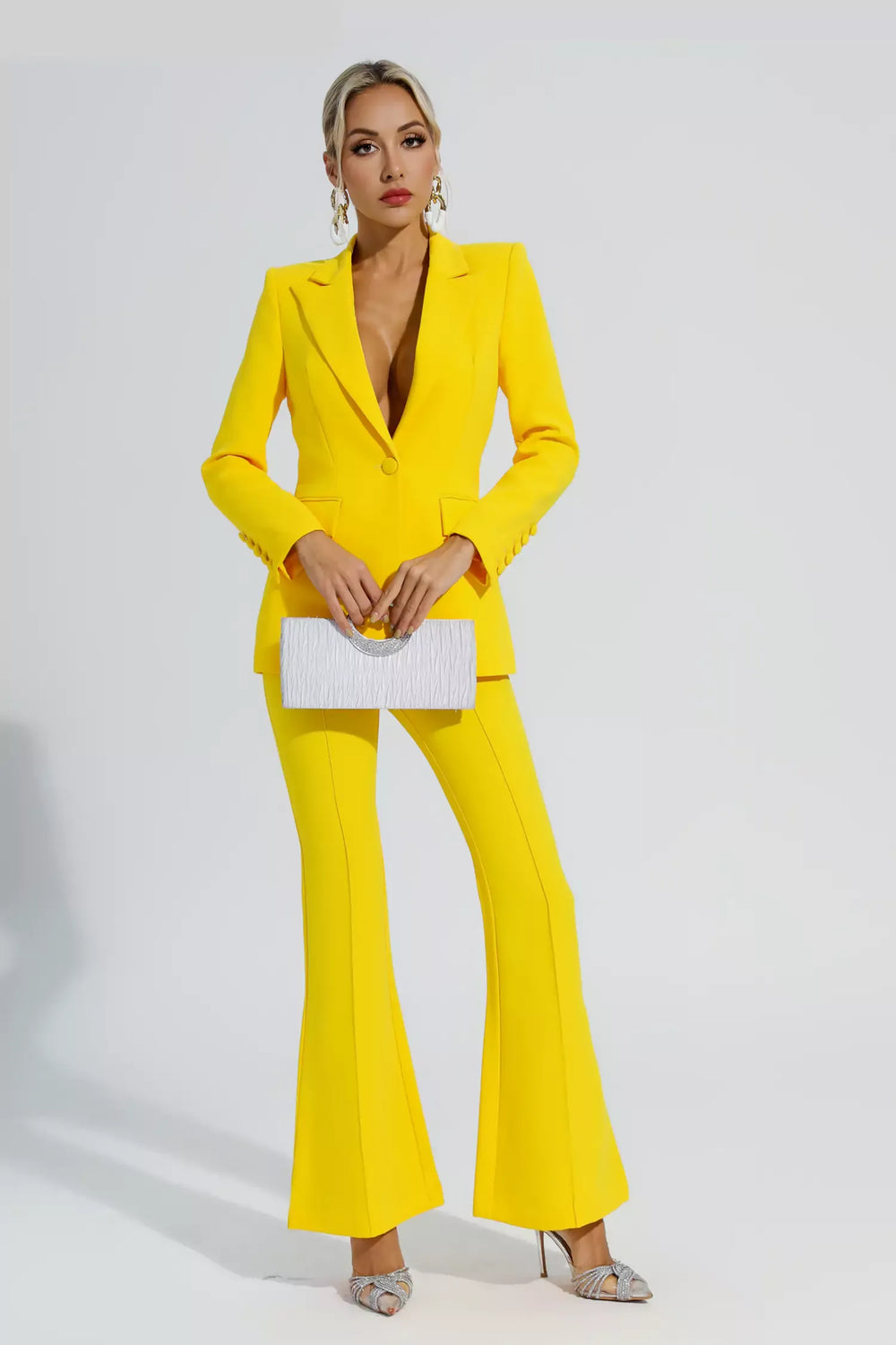 Kaeifa Canary Yellow Power Shoulder Blazer Flared Trouser Set 
