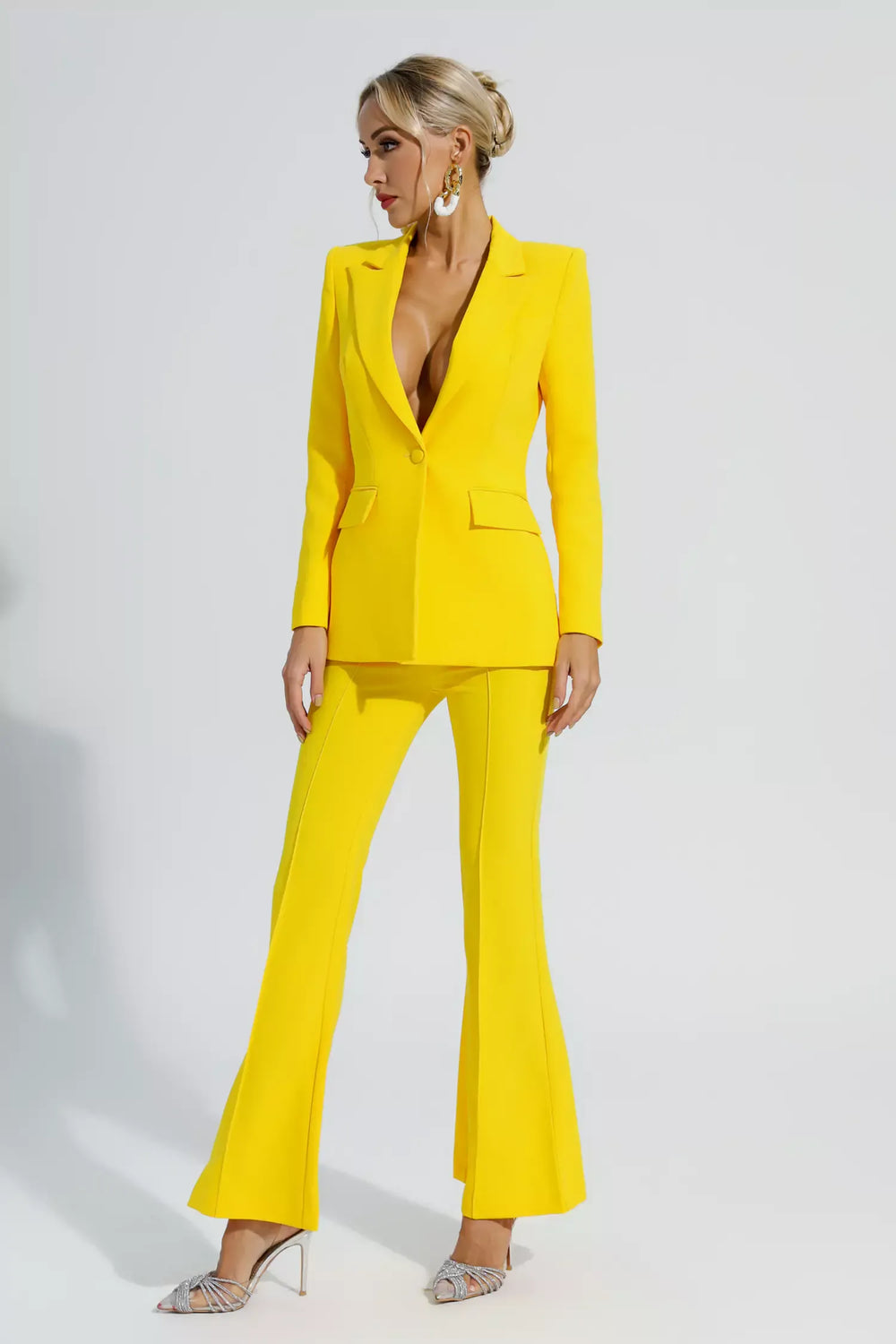 Kaeifa Canary Yellow Power Shoulder Blazer Flared Trouser Set 