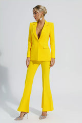 Kaeifa Canary Yellow Power Shoulder Blazer Flared Trouser Set 