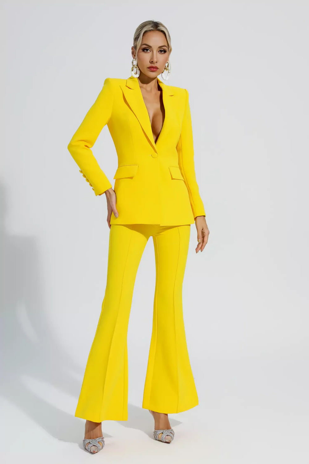 Kaeifa Canary Yellow Power Shoulder Blazer Flared Trouser Set 