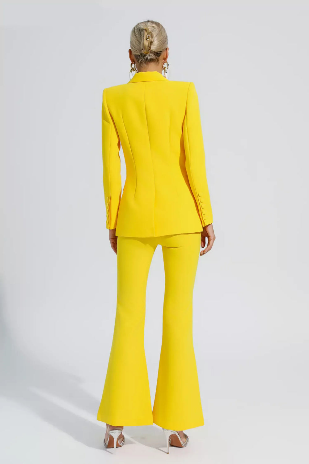 Kaeifa Canary Yellow Power Shoulder Blazer Flared Trouser Set 
