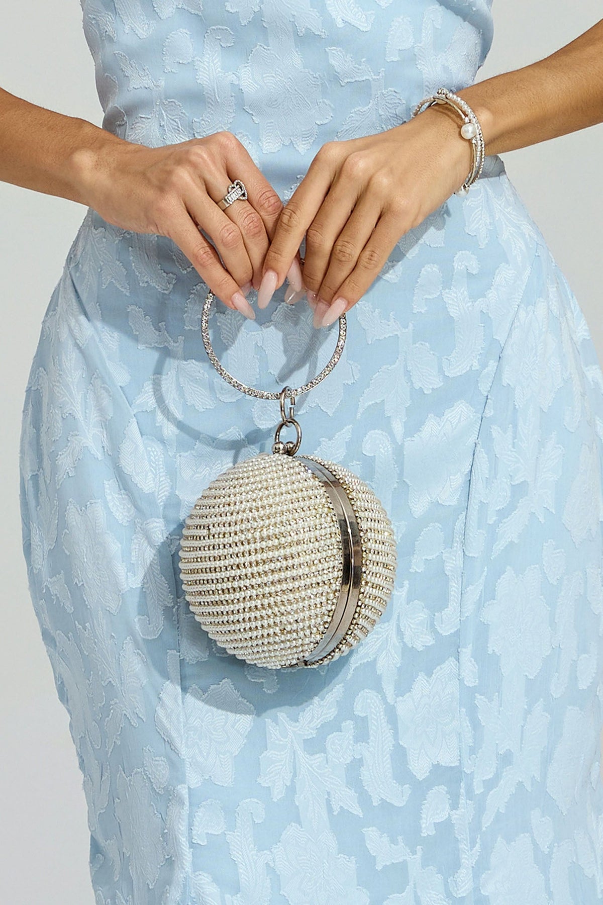 Kaeifa Cream Pearl Embellished Sphere Ring Handle Evening Clutch Bag 