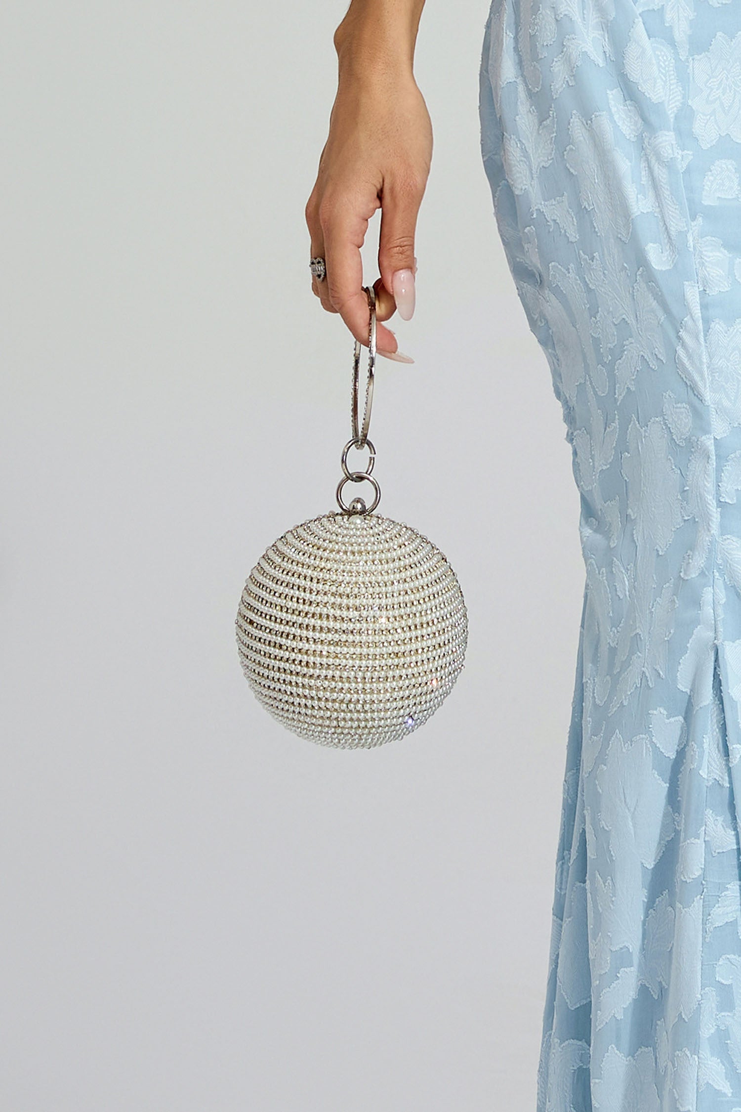 Kaeifa Cream Pearl Embellished Sphere Ring Handle Evening Clutch Bag 