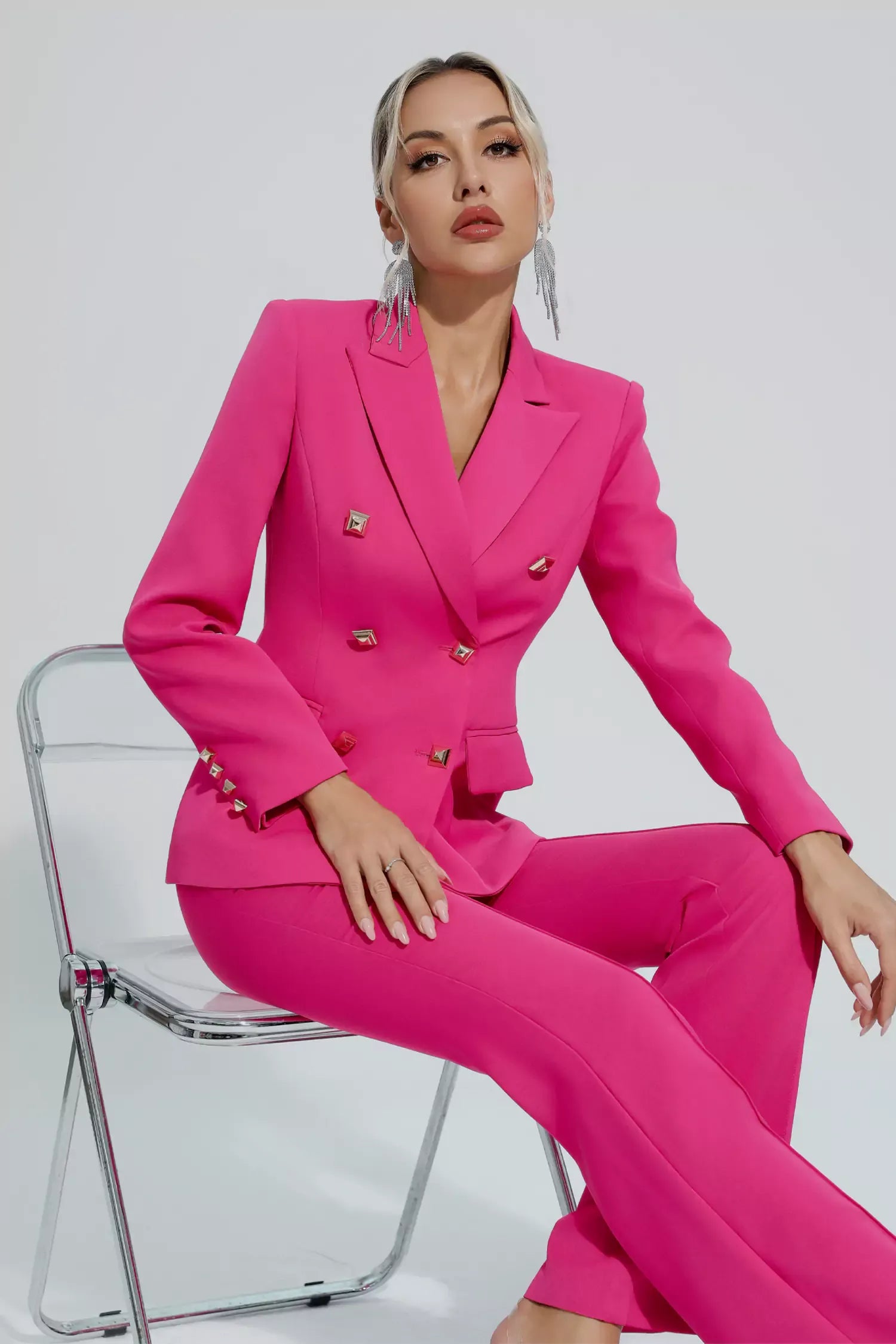 Kaeifa Fuchsia Double Breasted Blazer Flare Trouser Suit Two Piece Set 