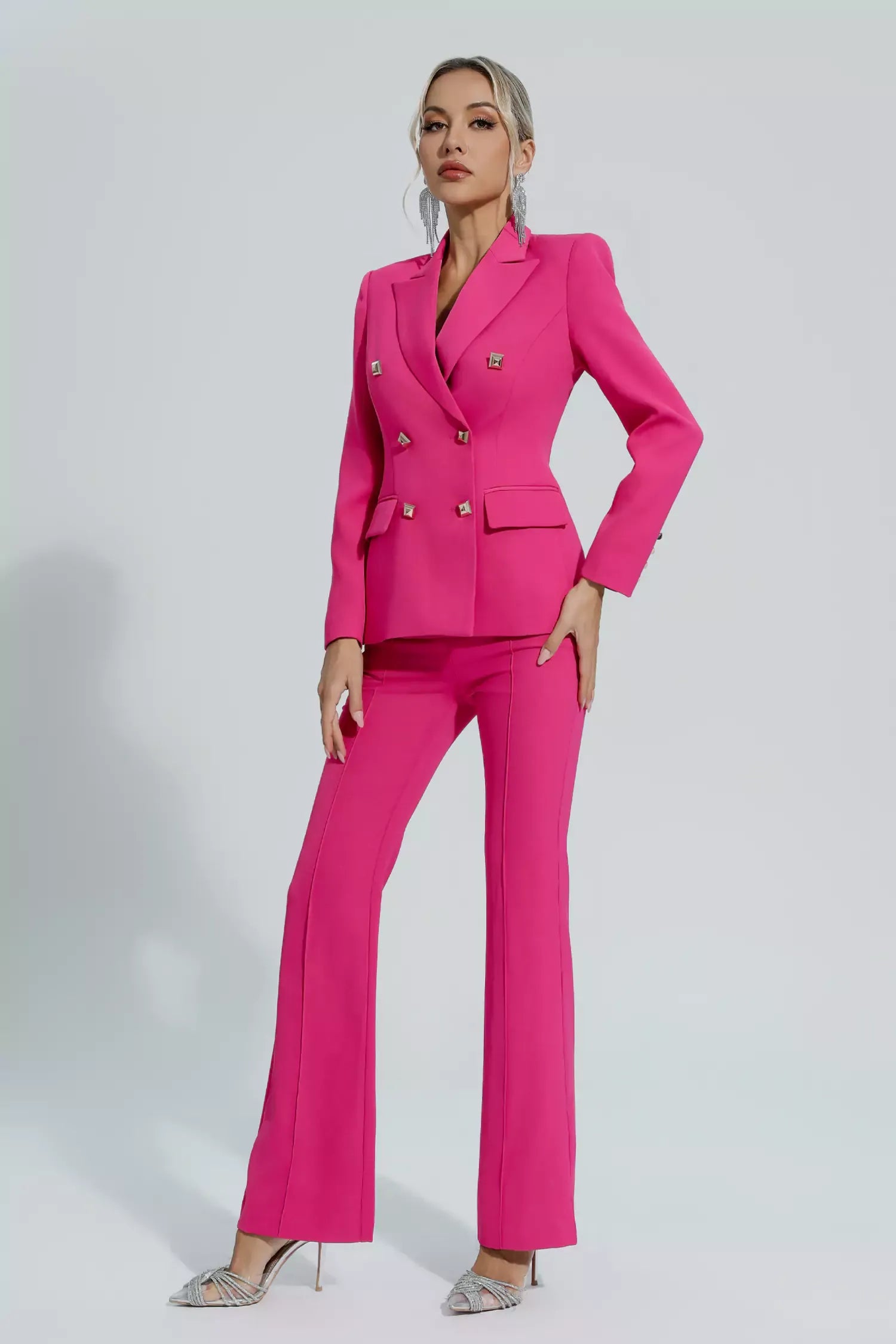 Kaeifa Fuchsia Double Breasted Blazer Flare Trouser Suit Two Piece Set 
