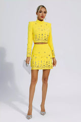 Kaeifa Lemon Crystal Embellished Long Sleeve Crop Top Mini Skirt Set 