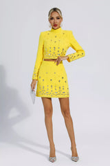 Kaeifa Lemon Crystal Embellished Long Sleeve Crop Top Mini Skirt Set 