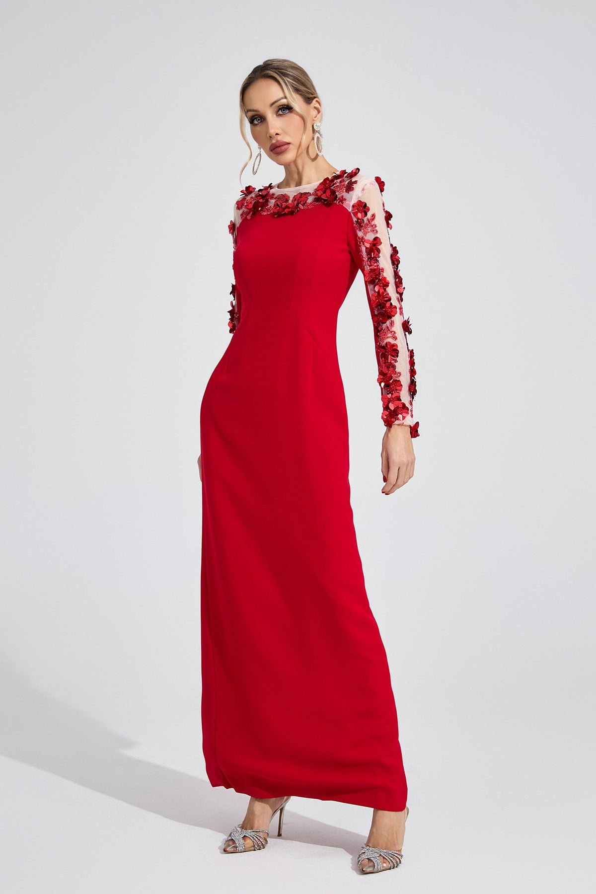 Kaeifa Red 3D Floral Illusion Long Sleeve Bateau Neck Maxi Dress 