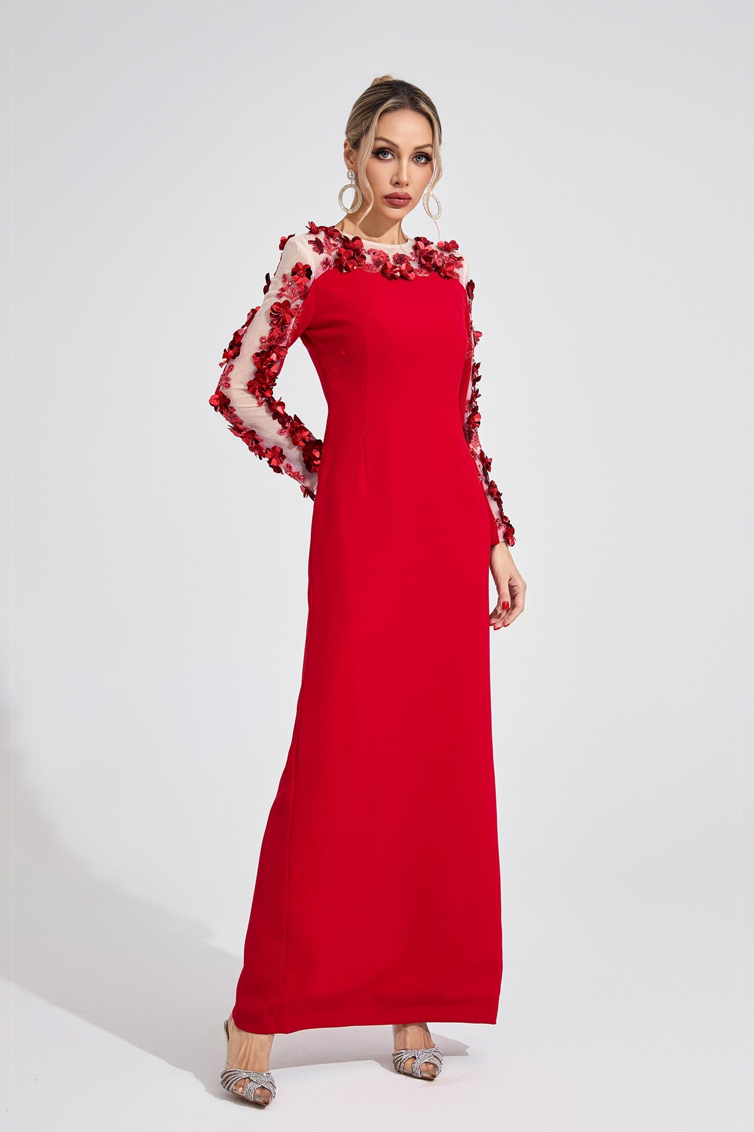 Kaeifa Red 3D Floral Illusion Long Sleeve Bateau Neck Maxi Dress 