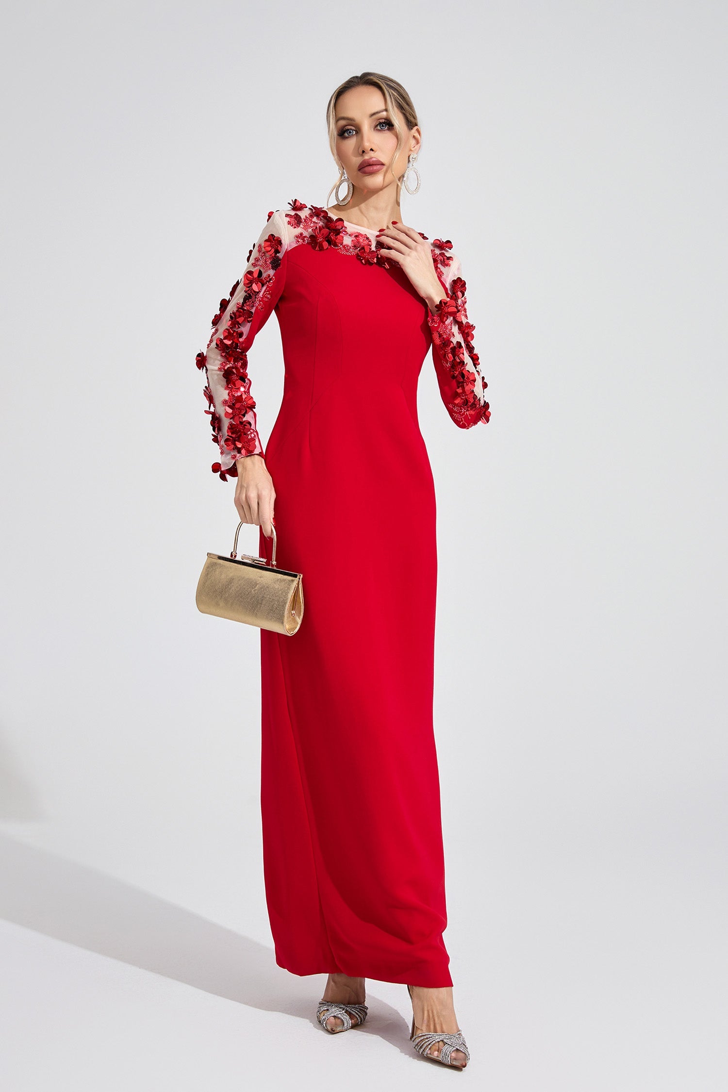 Kaeifa Red 3D Floral Illusion Long Sleeve Bateau Neck Maxi Dress 