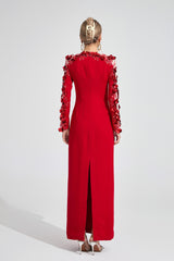 Kaeifa Red 3D Floral Illusion Long Sleeve Bateau Neck Maxi Dress 