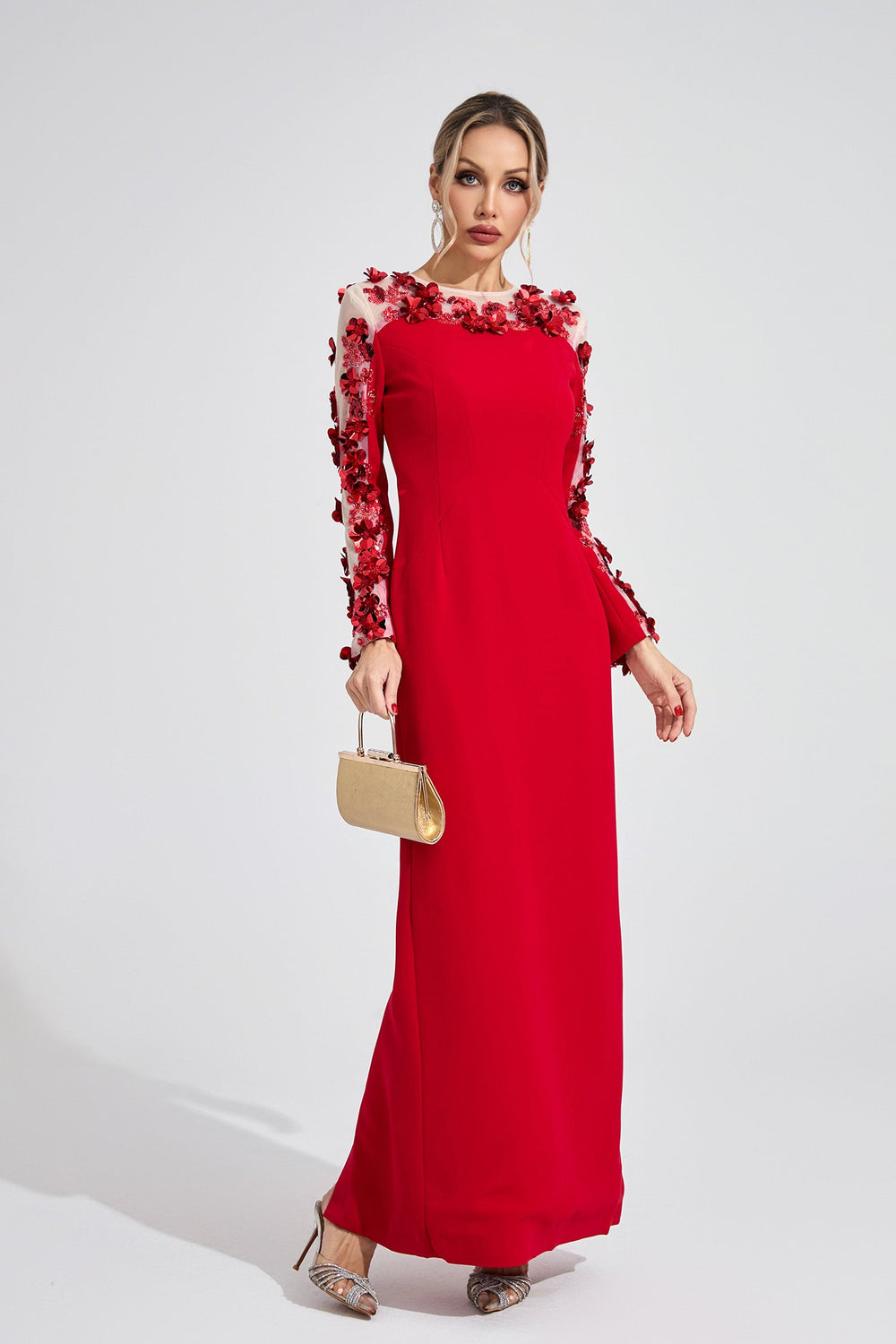Kaeifa Red 3D Floral Illusion Long Sleeve Bateau Neck Maxi Dress 