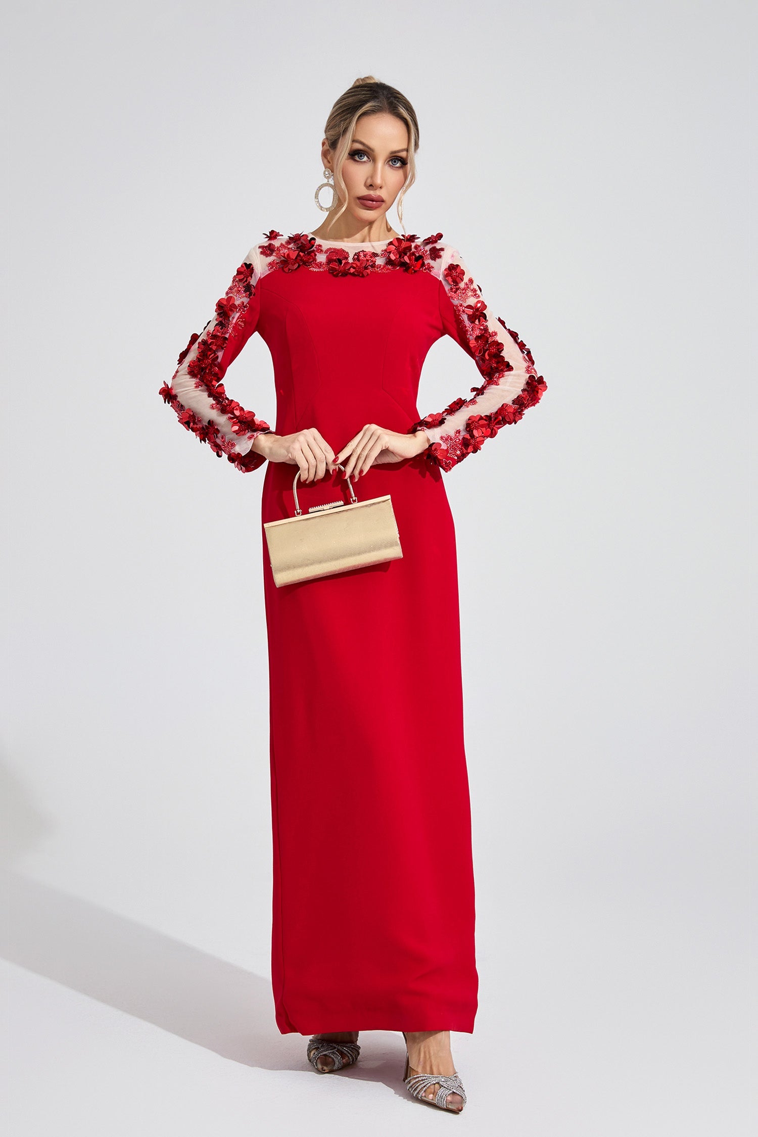 Kaeifa Red 3D Floral Illusion Long Sleeve Bateau Neck Maxi Dress 