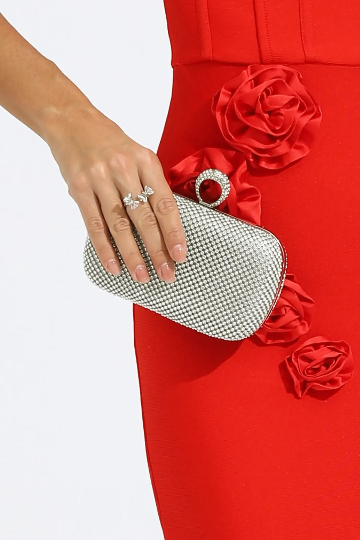 Kaeifa Silver Full Rhinestone Oval Hard Case Evening Clutch 