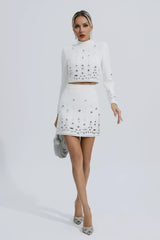 Kaeifa White Crystal Embellished Long Sleeve Crop Top Mini Skirt Set 