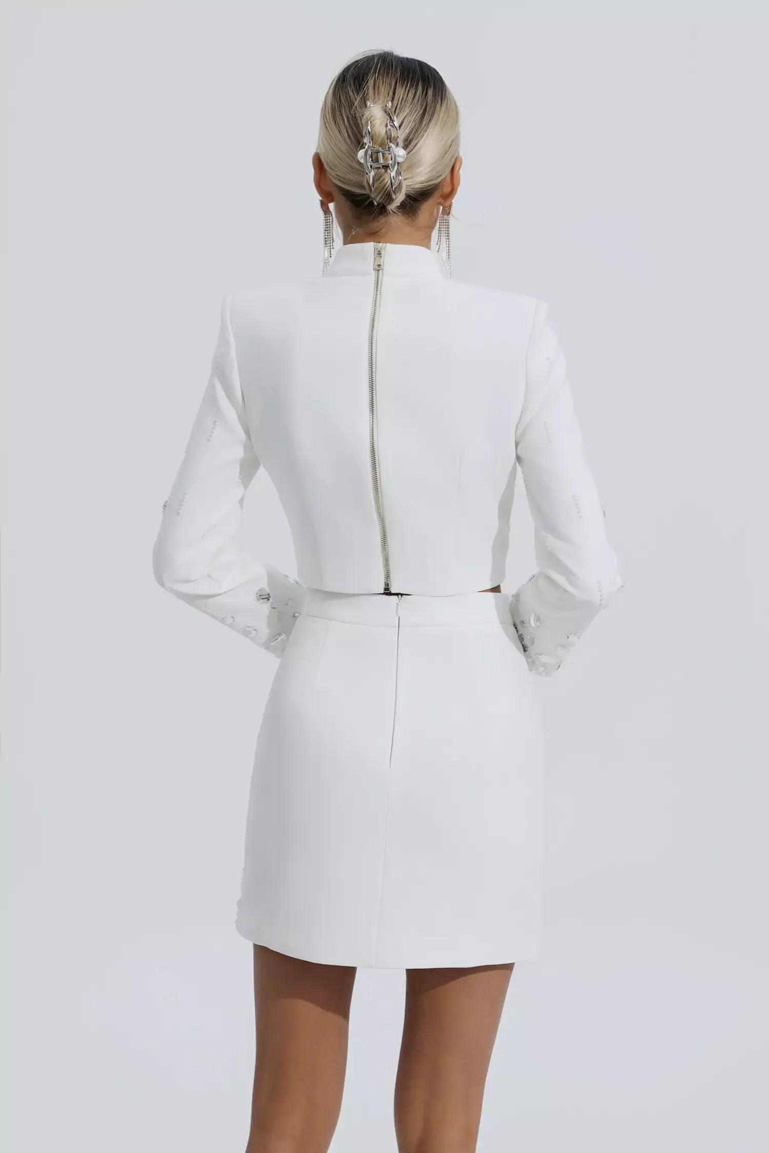 Kaeifa White Crystal Embellished Long Sleeve Crop Top Mini Skirt Set 