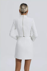 Kaeifa White Crystal Embellished Long Sleeve Crop Top Mini Skirt Set 