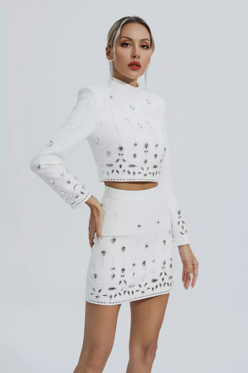 Kaeifa White Crystal Embellished Long Sleeve Crop Top Mini Skirt Set 