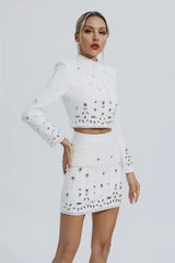 Kaeifa White Crystal Embellished Long Sleeve Crop Top Mini Skirt Set 