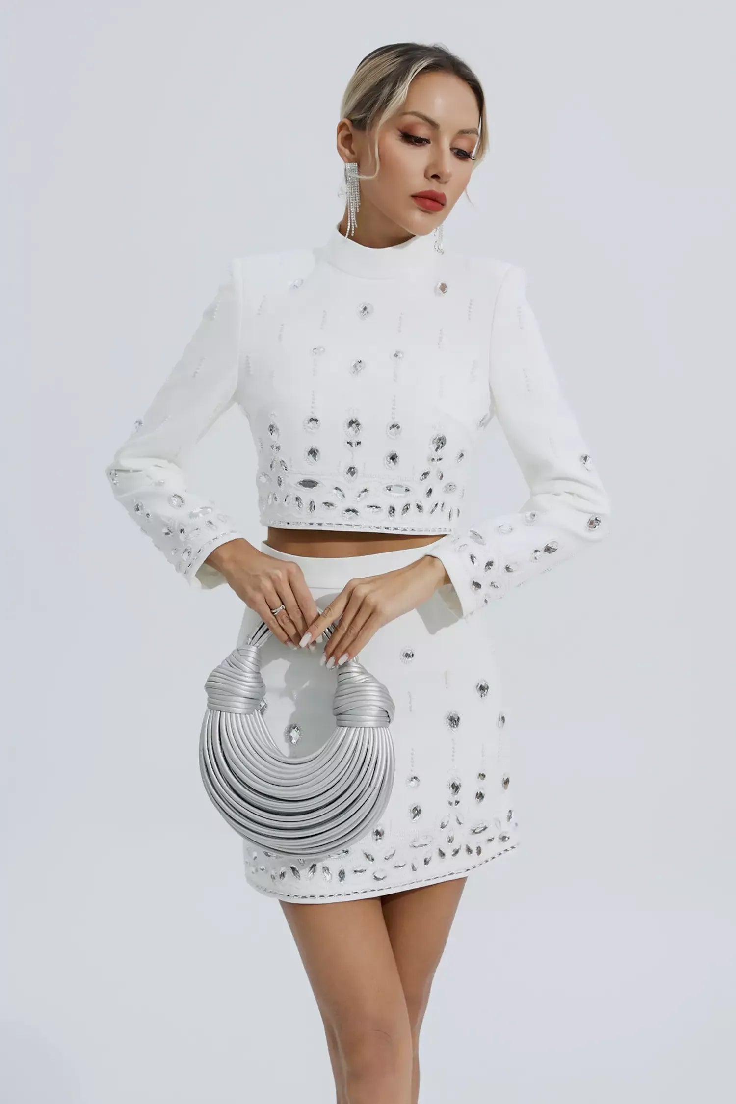 Kaeifa White Crystal Embellished Long Sleeve Crop Top Mini Skirt Set 