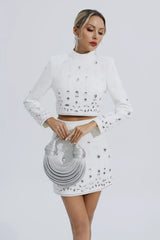 Kaeifa White Crystal Embellished Long Sleeve Crop Top Mini Skirt Set 