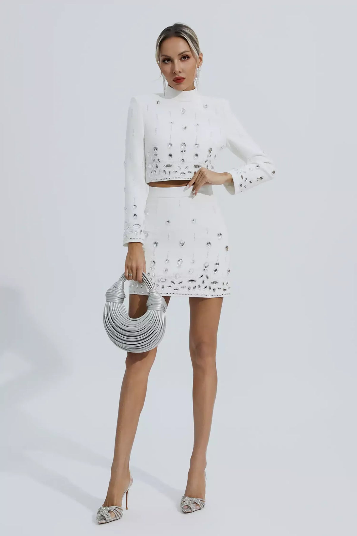 Kaeifa White Crystal Embellished Long Sleeve Crop Top Mini Skirt Set 