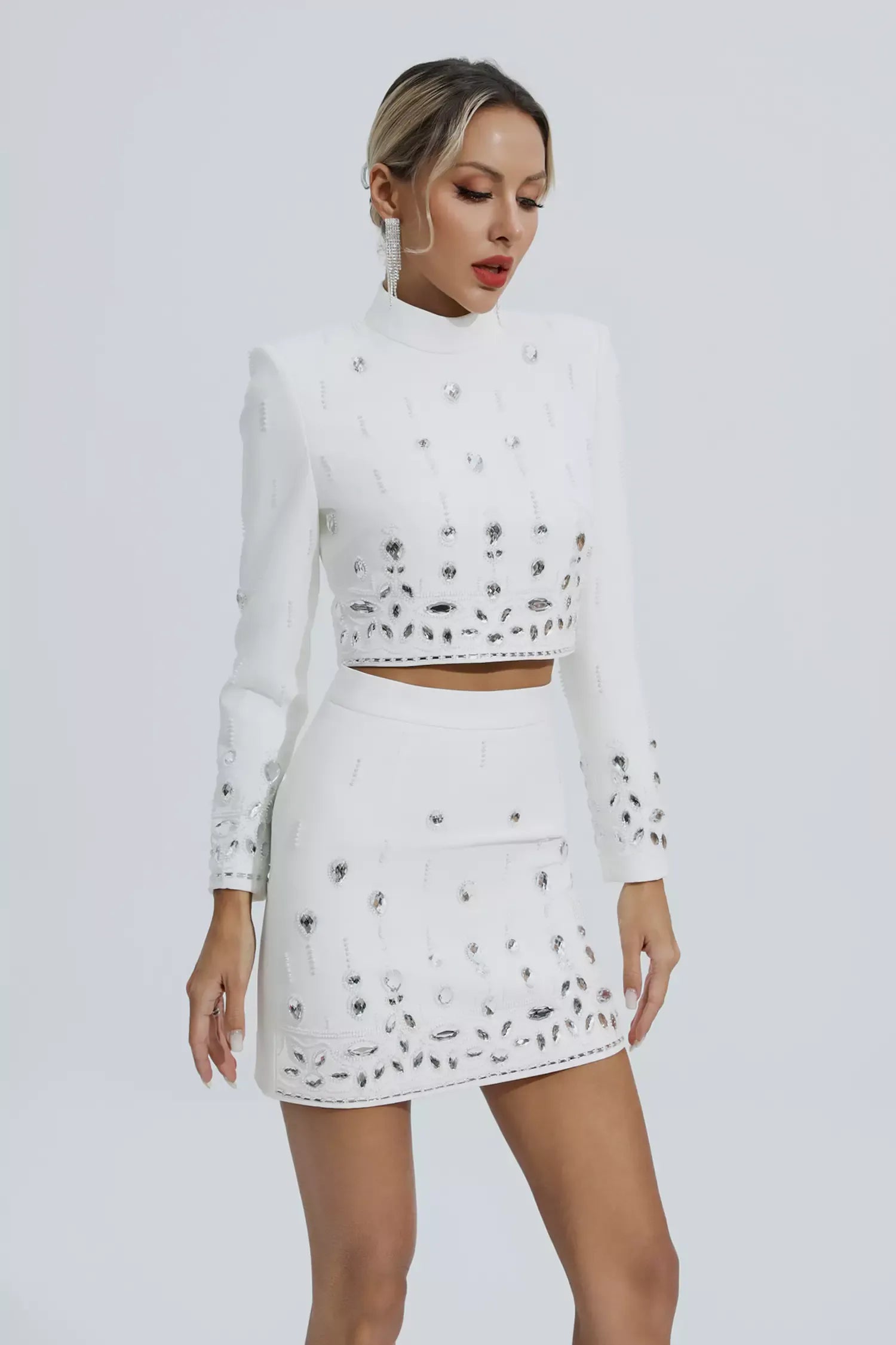 Kaeifa White Crystal Embellished Long Sleeve Crop Top Mini Skirt Set 