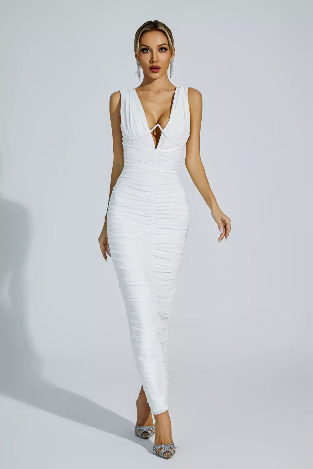 Kaeifa White Deep V-Neck Ruched Sleeveless Bodycon Maxi Dress 