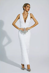 Kaeifa White Deep V-Neck Ruched Sleeveless Bodycon Maxi Dress 