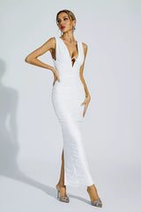 Kaeifa White Deep V-Neck Ruched Sleeveless Bodycon Maxi Dress 