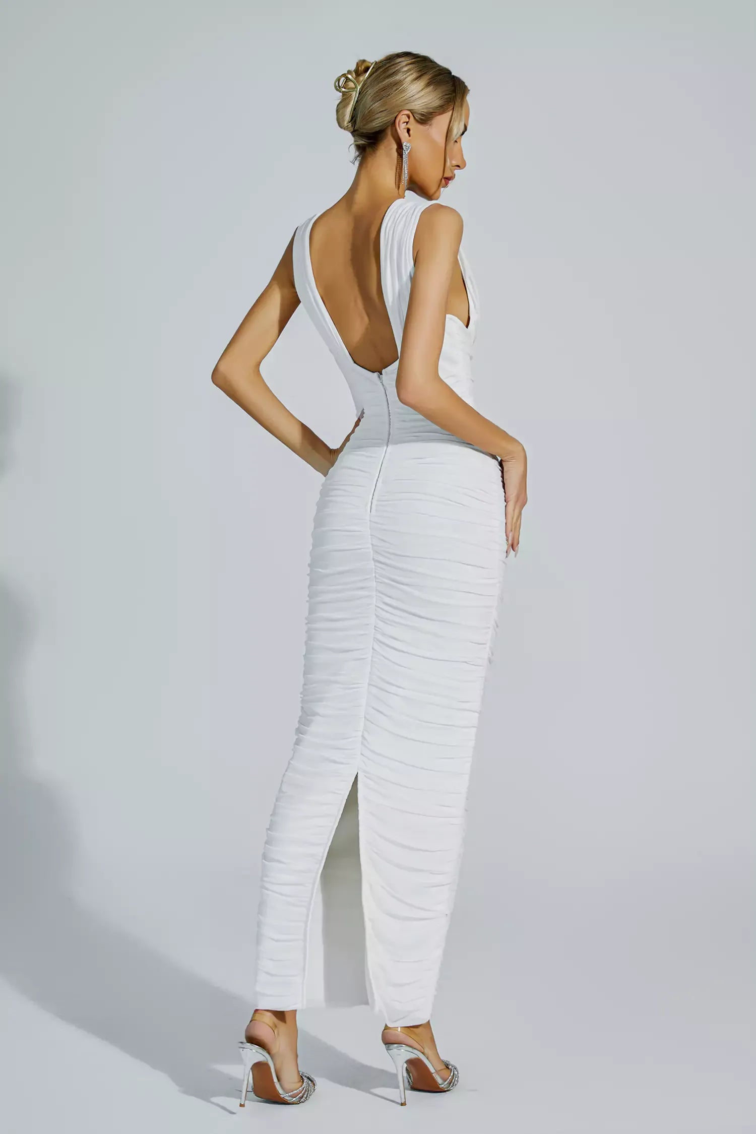 Kaeifa White Deep V-Neck Ruched Sleeveless Bodycon Maxi Dress 