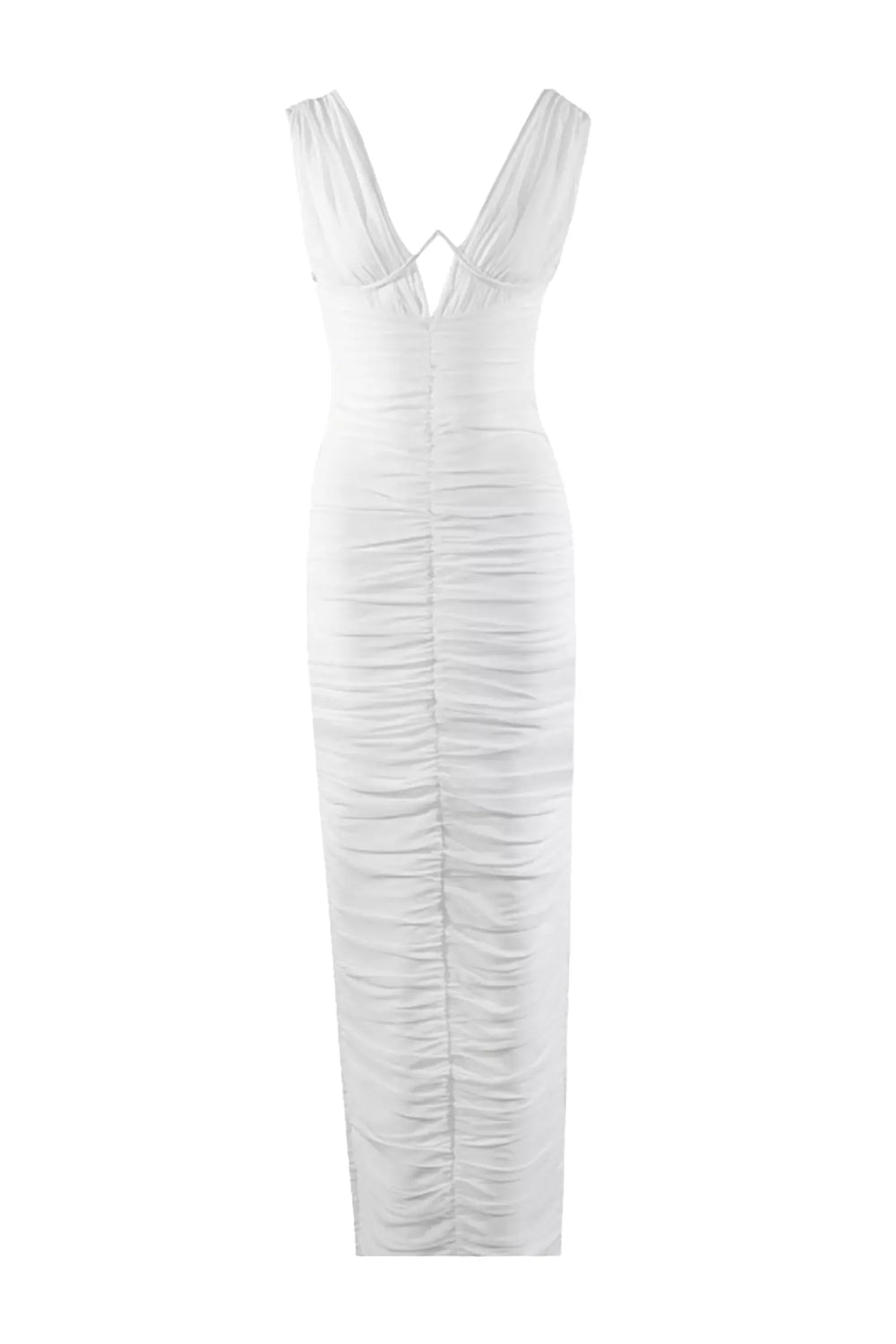 Kaeifa White Deep V-Neck Ruched Sleeveless Bodycon Maxi Dress 