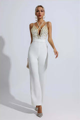 Kaeifa White Gold Beaded Halter V-Neck Cross Strap Wide Leg Jumpsuit 