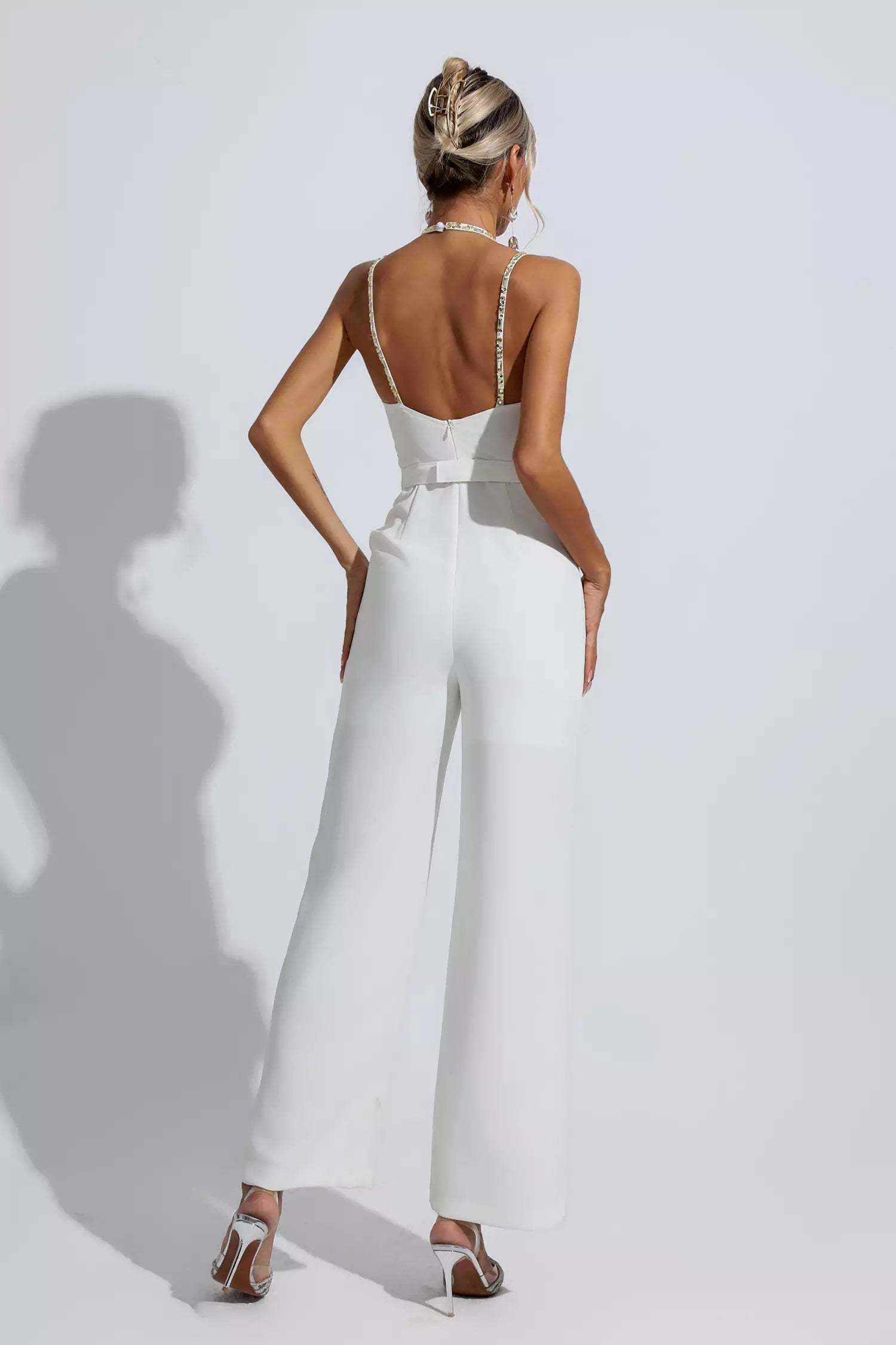 Kaeifa White Gold Beaded Halter V-Neck Cross Strap Wide Leg Jumpsuit 