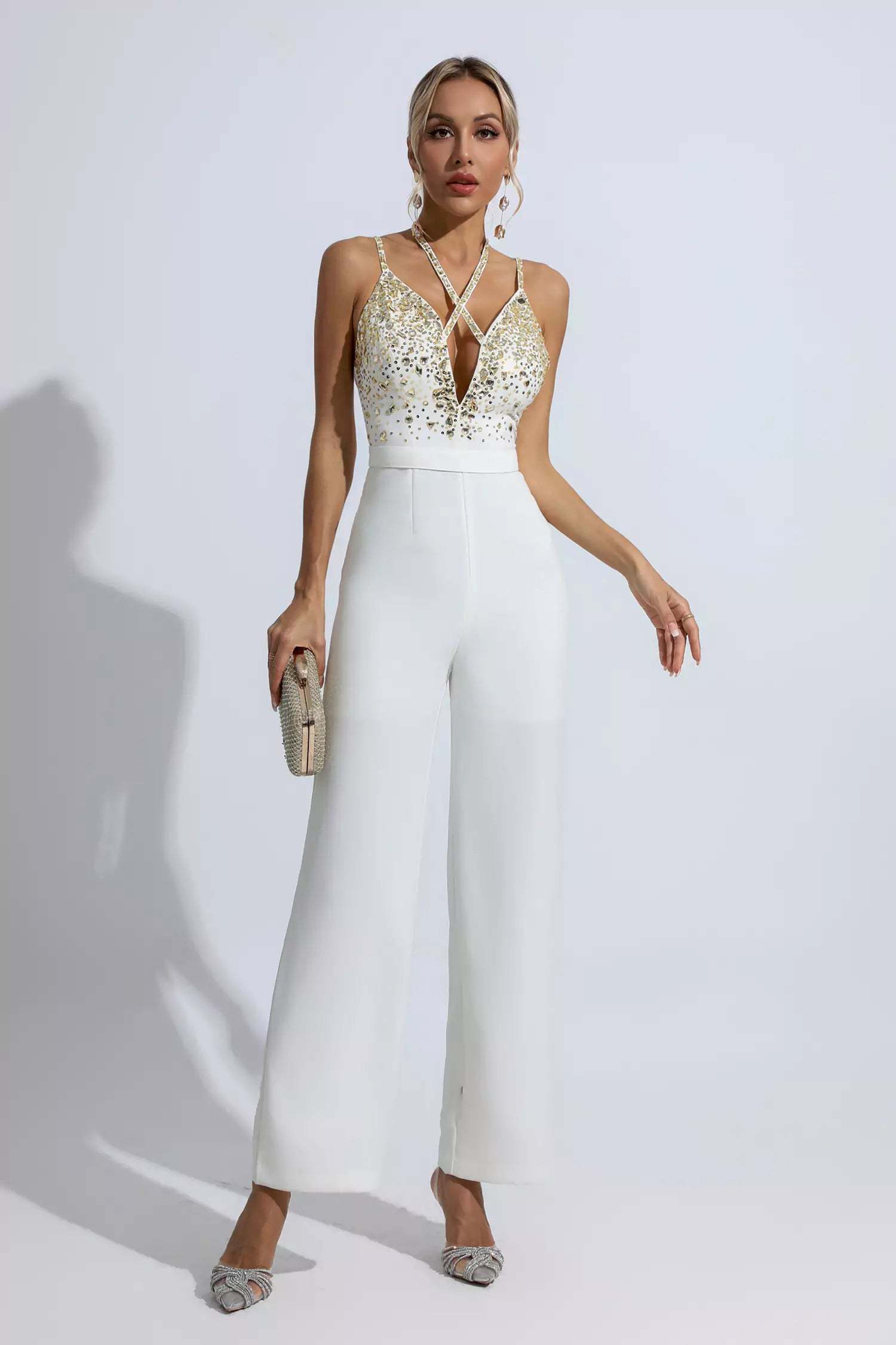 Kaeifa White Gold Beaded Halter V-Neck Cross Strap Wide Leg Jumpsuit 