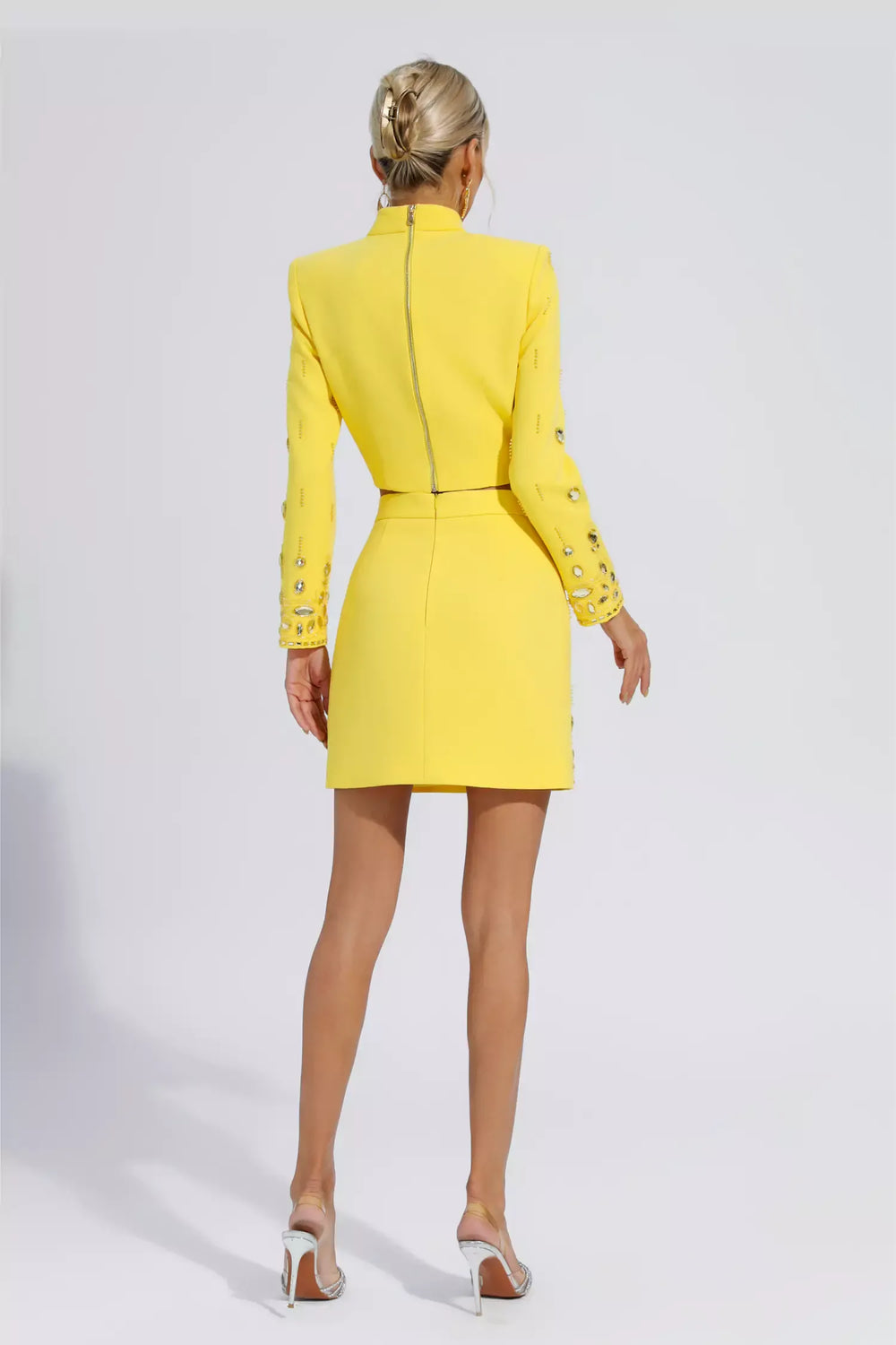 Kaeifa Yellow Rhinestone Mock Neck Long Sleeve Crop Top Mini Skirt Set 