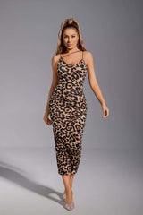 Kaeifa Brown Leopard Print Cowl Neck Spaghetti Strap Midi Dress
