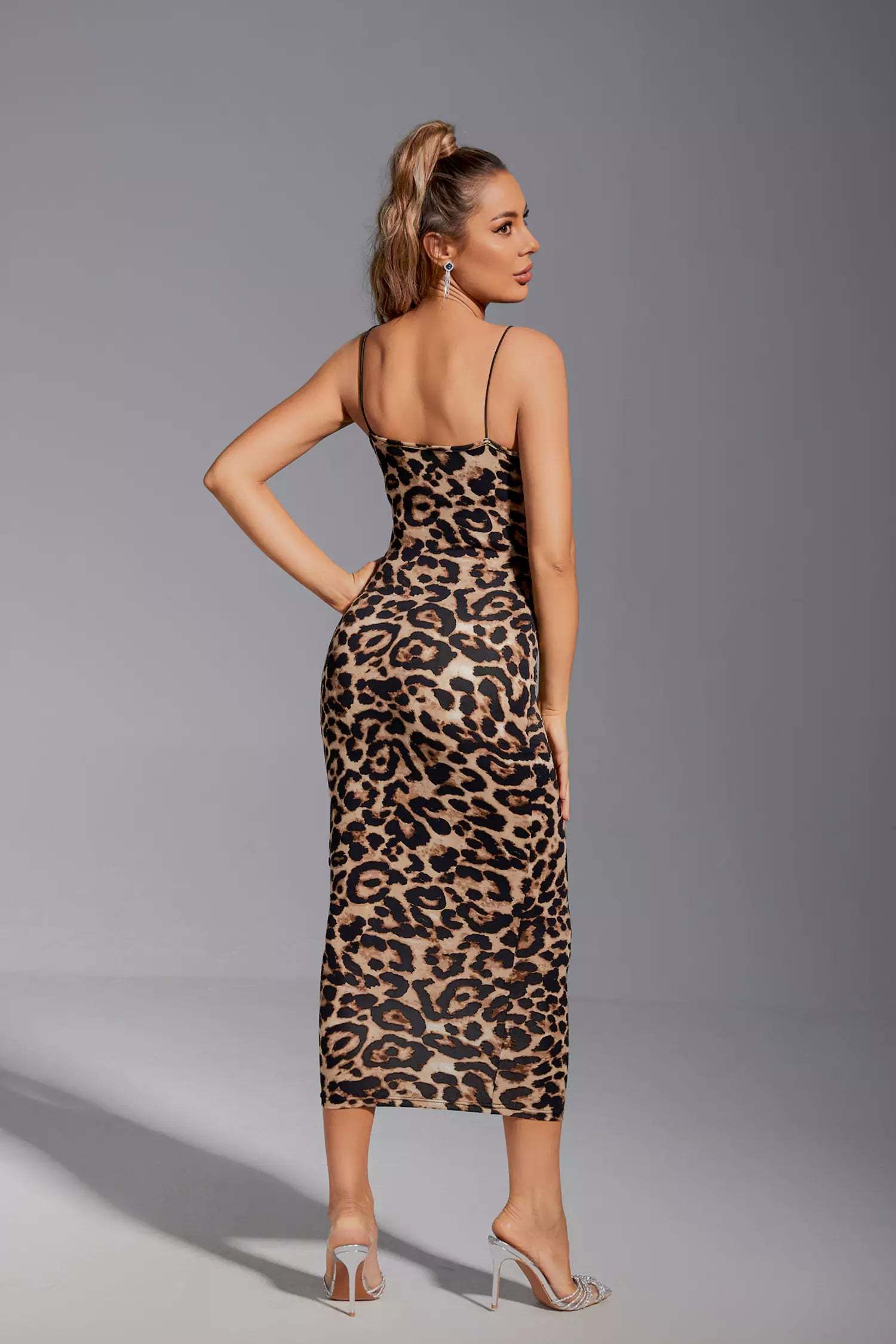 Kaeifa Brown Leopard Print Cowl Neck Spaghetti Strap Midi Dress