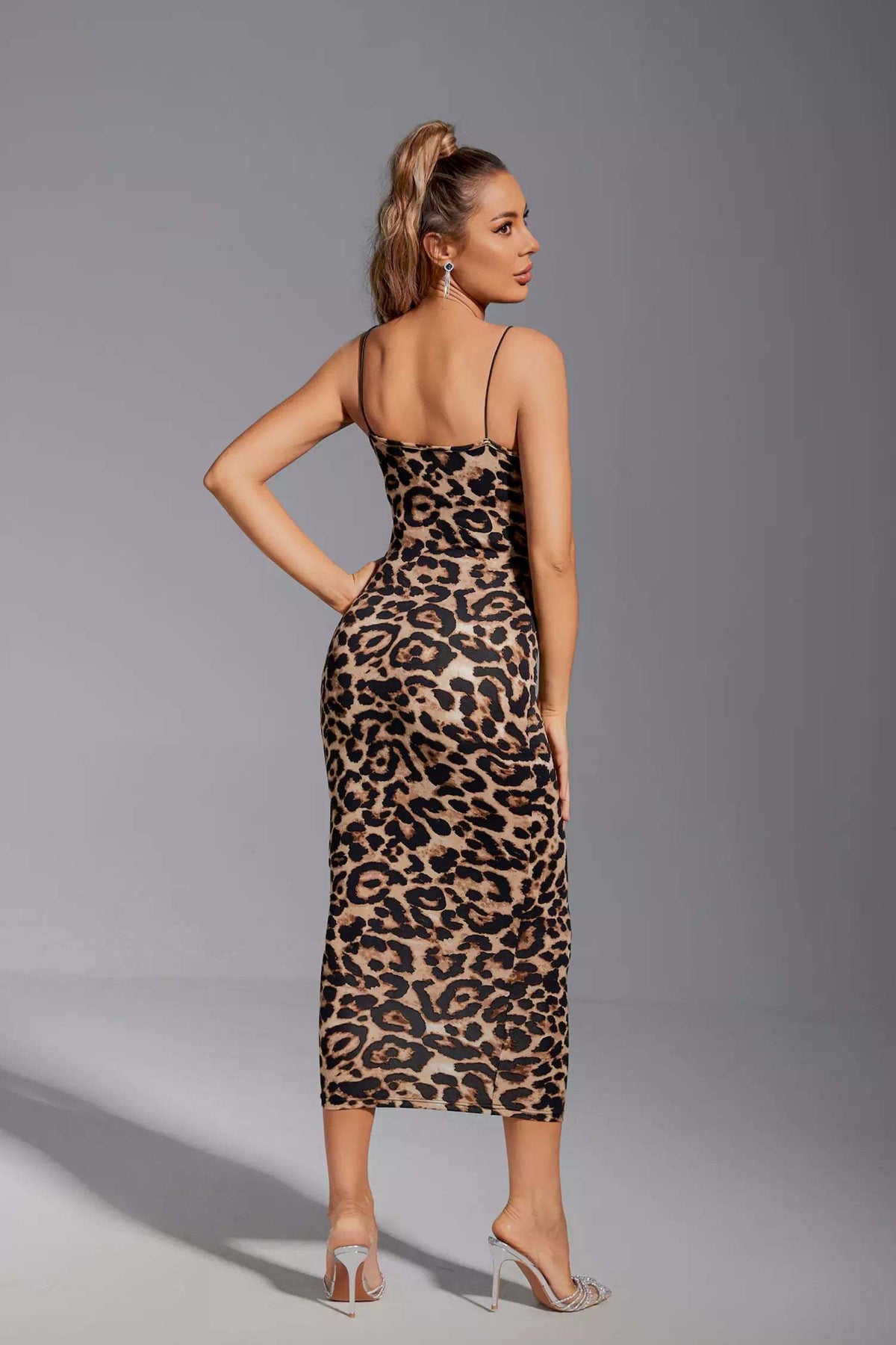 Kaeifa Brown Leopard Print Cowl Neck Spaghetti Strap Midi Dress