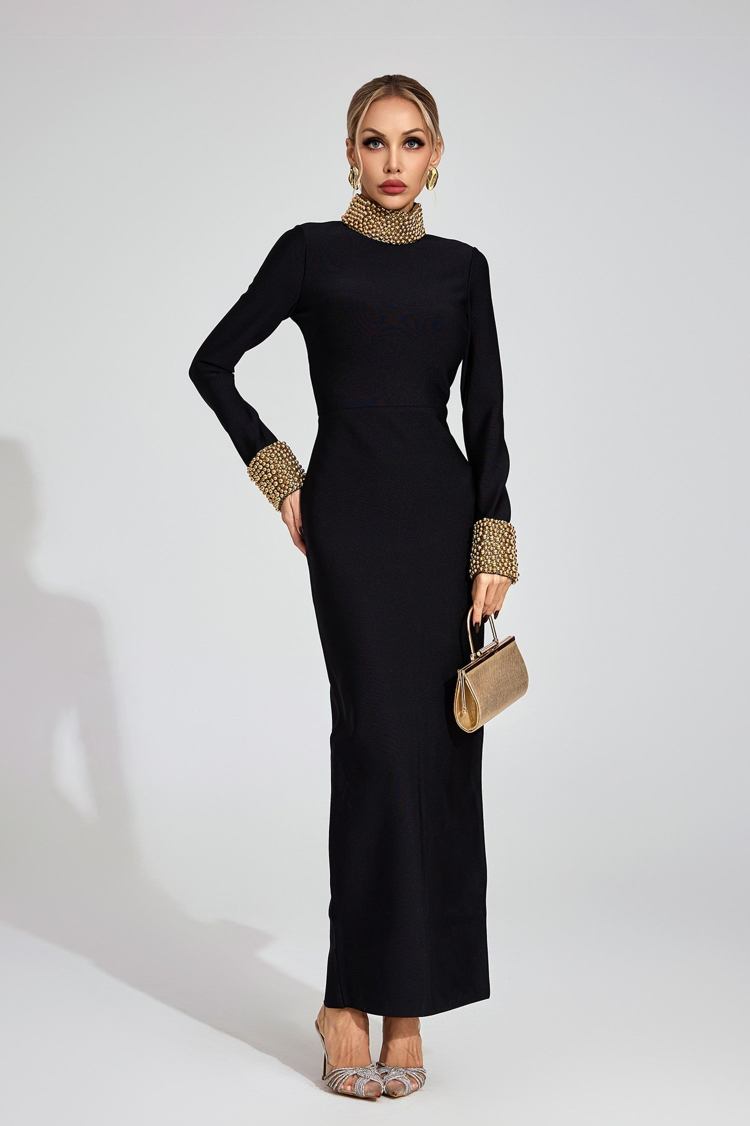 Kaeifa Black Pearl Trim Bodycon Maxi Dress - High Neck Long Sleeve