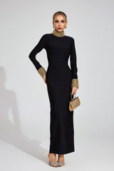 Kaeifa Black Pearl Trim Bodycon Maxi Dress - High Neck Long Sleeve