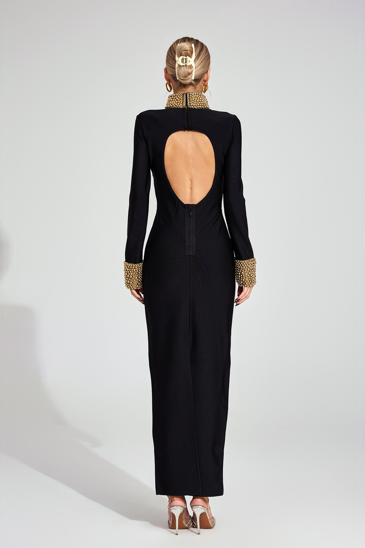 Kaeifa Black Pearl Trim Bodycon Maxi Dress - High Neck Long Sleeve