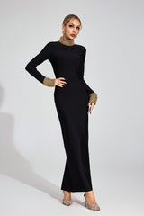 Kaeifa Black Pearl Trim Bodycon Maxi Dress - High Neck Long Sleeve