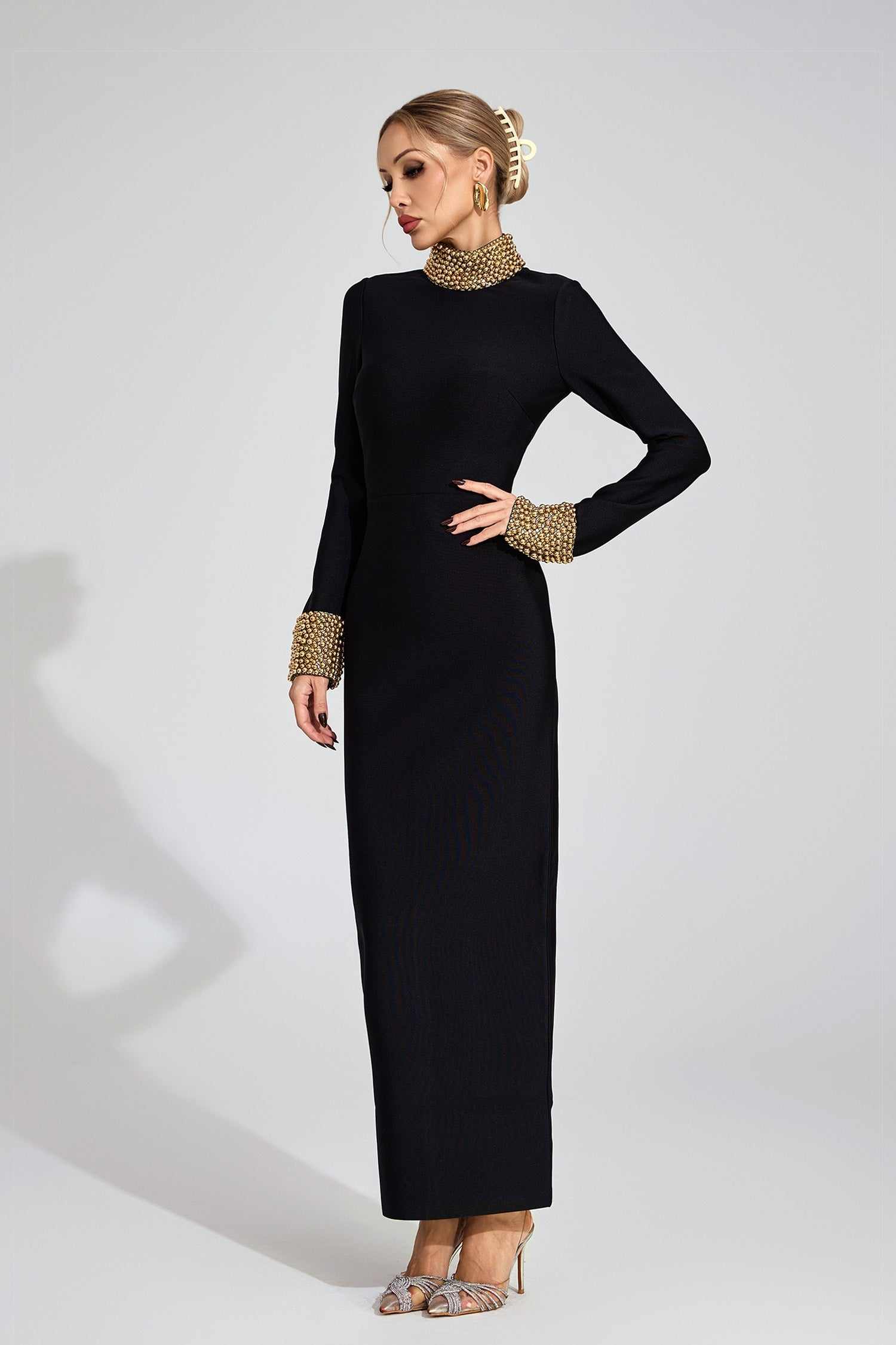 Kaeifa Black Pearl Trim Bodycon Maxi Dress - High Neck Long Sleeve