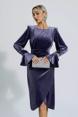 Kaeifa Purple Velvet Power Shoulder Bell Cuff Wrap Midi Dress
