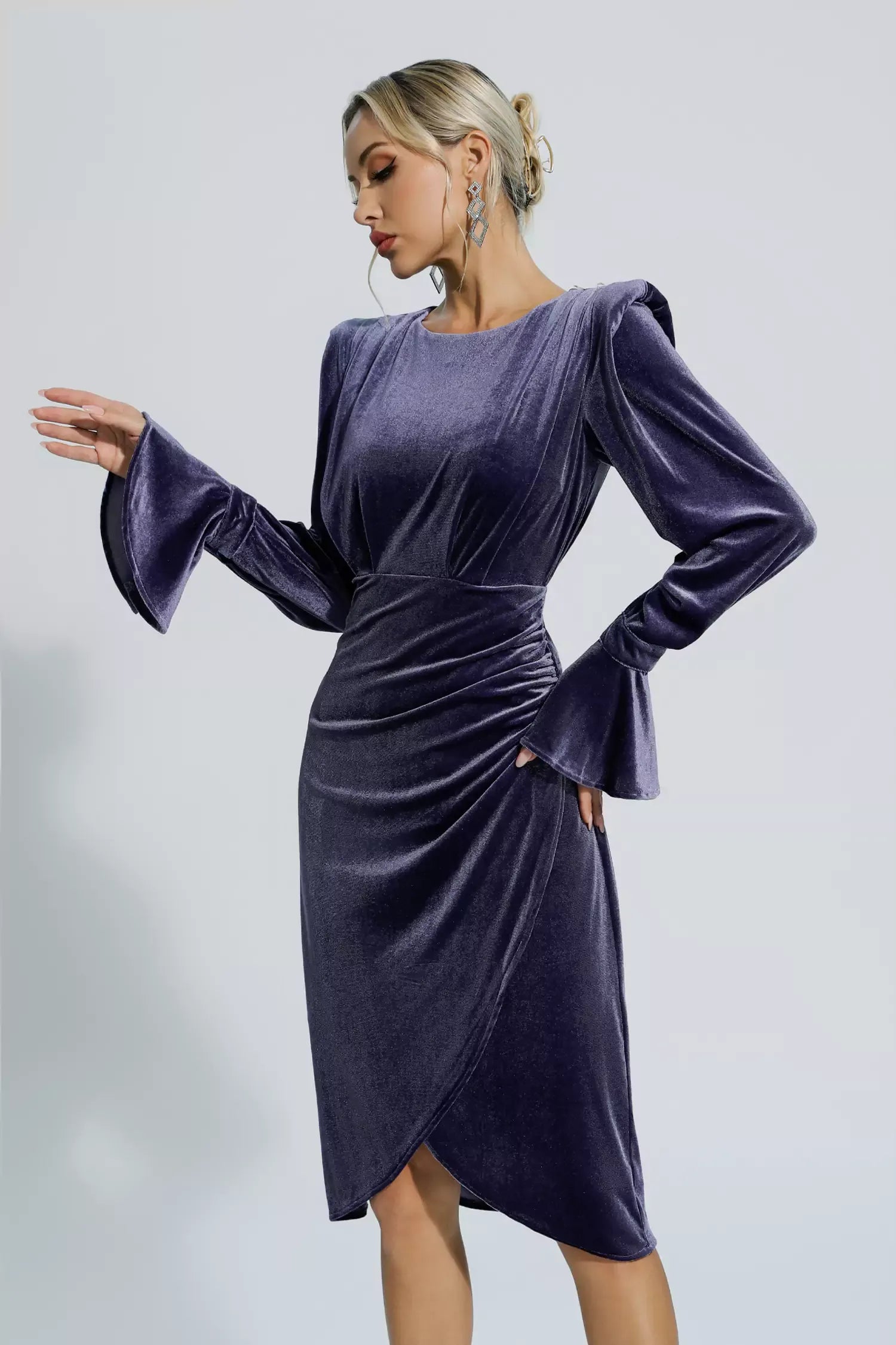 Kaeifa Purple Velvet Power Shoulder Bell Cuff Wrap Midi Dress